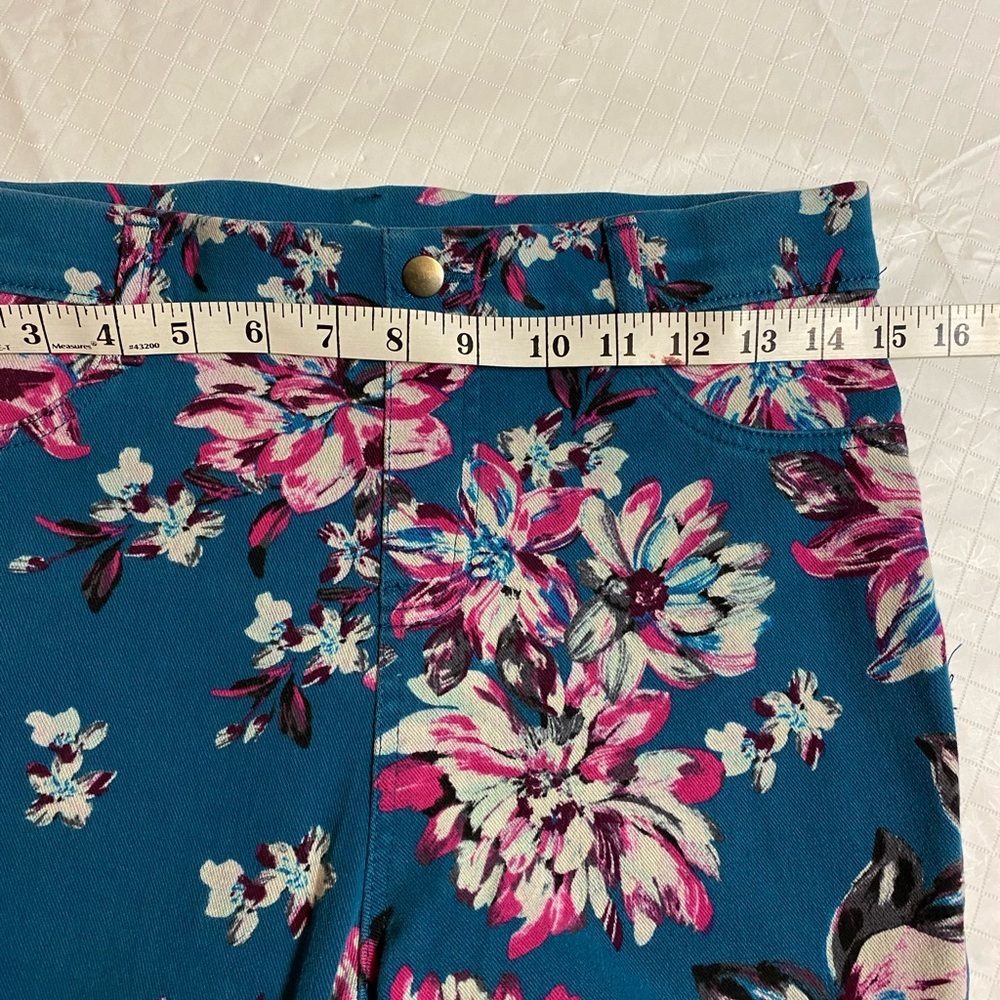 Floral Print Teal Skinny Stretch Leggings Pants - Picture 3 of 7